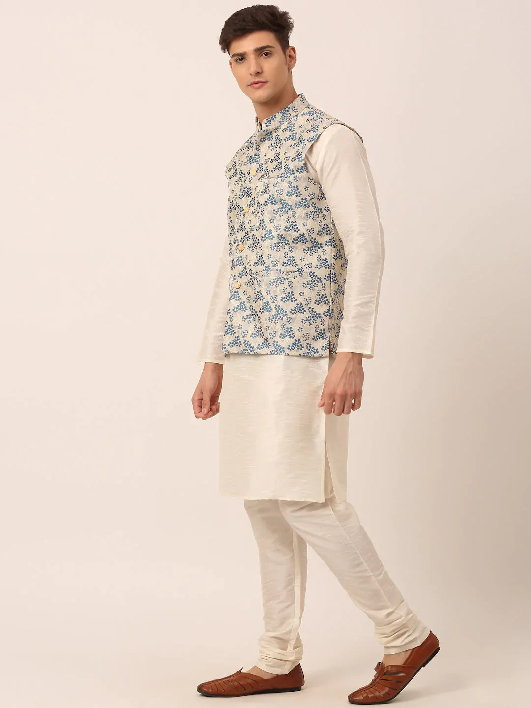 Jompers Men's Solid Kurta Pyjama With Blue Floral Embroidered Nehru Jacket - Distacart
