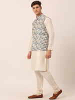 Thumbnail for Jompers Men's Solid Kurta Pyjama With Blue Floral Embroidered Nehru Jacket - Distacart