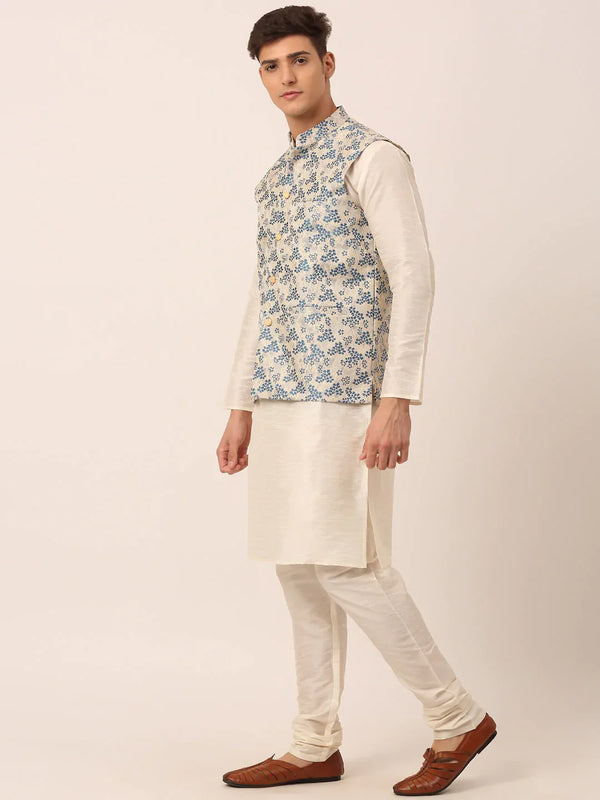 Jompers Men's Solid Kurta Pyjama With Blue Floral Embroidered Nehru Jacket - Distacart