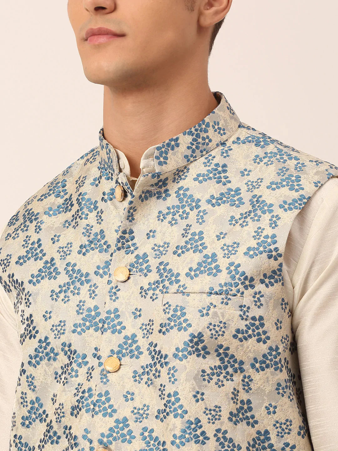 Jompers Men's Solid Kurta Pyjama With Blue Floral Embroidered Nehru Jacket - Distacart