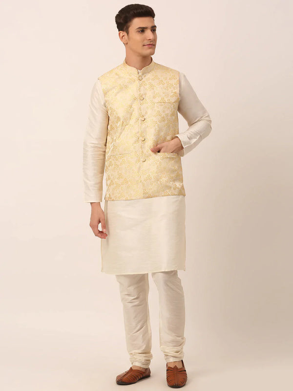 Jompers Men's Solid Kurta Pyjama With Golden Floral Embroidered Nehru Jacket - Distacart