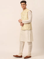 Thumbnail for Jompers Men's Solid Kurta Pyjama With Golden Floral Embroidered Nehru Jacket - Distacart