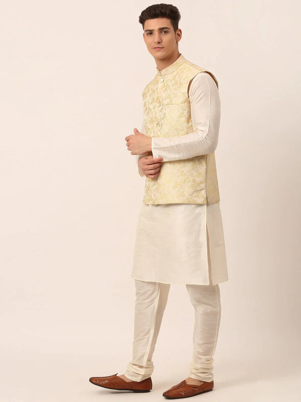 Jompers Men's Solid Kurta Pyjama With Golden Floral Embroidered Nehru Jacket - Distacart