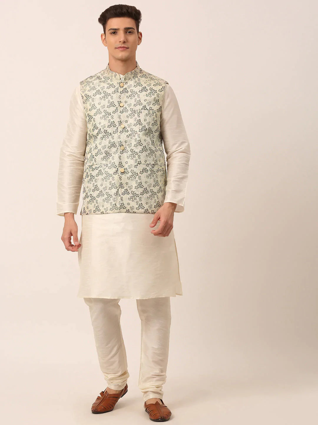 Jompers Men's Solid Kurta Pyjama With Grey Floral Embroidered Nehru Jacket - Distacart