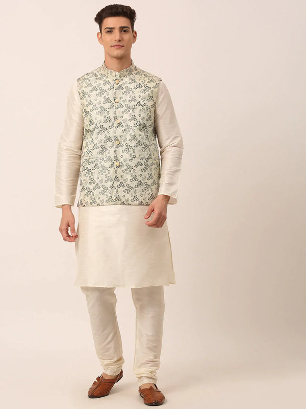 Jompers Men's Solid Kurta Pyjama With Grey Floral Embroidered Nehru Jacket - Distacart
