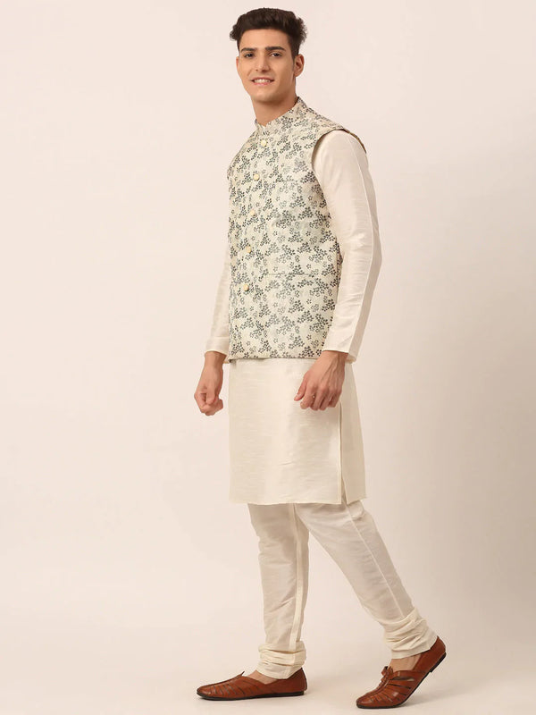 Jompers Men's Solid Kurta Pyjama With Grey Floral Embroidered Nehru Jacket - Distacart