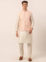 Thumbnail for Jompers Men's Solid Kurta Pyjama With Pink Floral Embroidered Nehru Jacket - Distacart