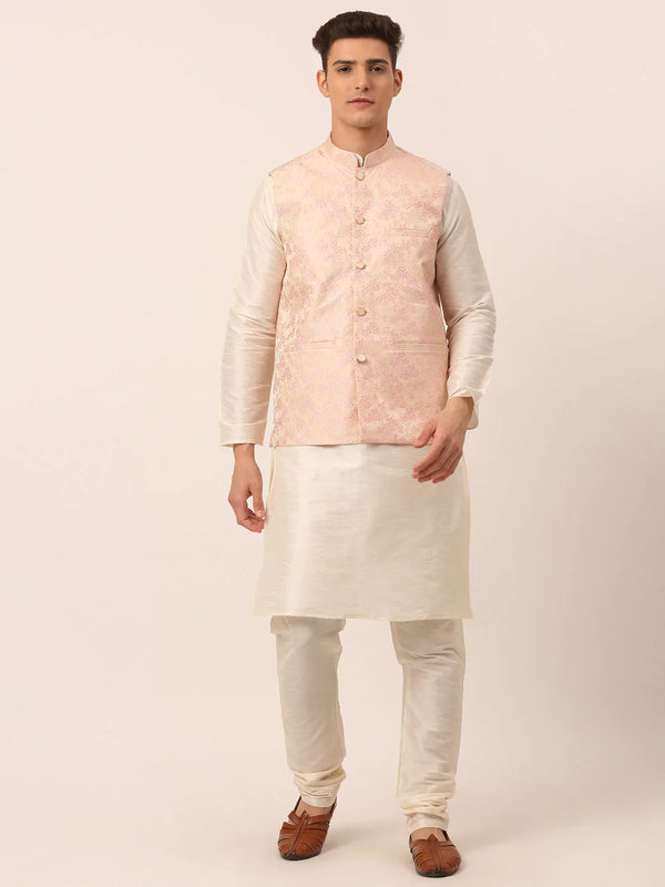 Jompers Men's Solid Kurta Pyjama With Pink Floral Embroidered Nehru Jacket - Distacart