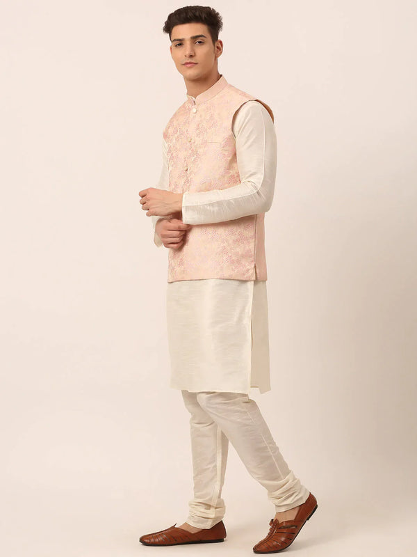 Jompers Men's Solid Kurta Pyjama With Pink Floral Embroidered Nehru Jacket - Distacart