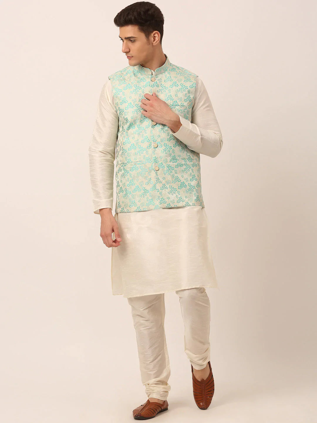 Jompers Men's Solid Kurta Pyjama With Sky Blue Floral Embroidered Nehru Jacket - Distacart