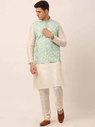 Jompers Men's Solid Kurta Pyjama With Sky Blue Floral Embroidered Nehru Jacket - Distacart