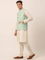 Thumbnail for Jompers Men's Solid Kurta Pyjama With Sky Blue Floral Embroidered Nehru Jacket - Distacart