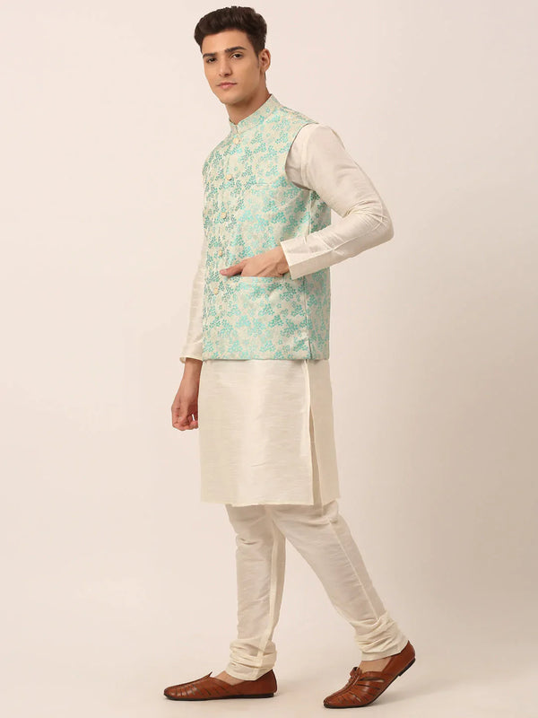 Jompers Men's Solid Kurta Pyjama With Sky Blue Floral Embroidered Nehru Jacket - Distacart