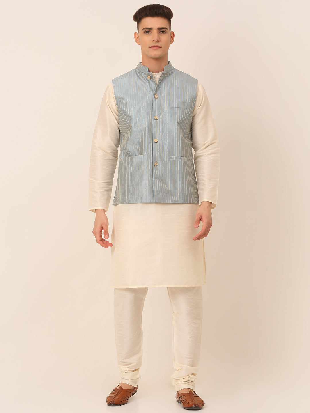 Jompers Men's Solid Kurta Pyjama With Striped Embroidered Nehru Jacket - Blue - Distacart