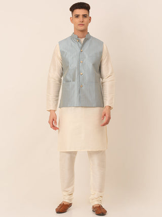 Jompers Men's Solid Kurta Pyjama With Striped Embroidered Nehru Jacket - Blue - Distacart
