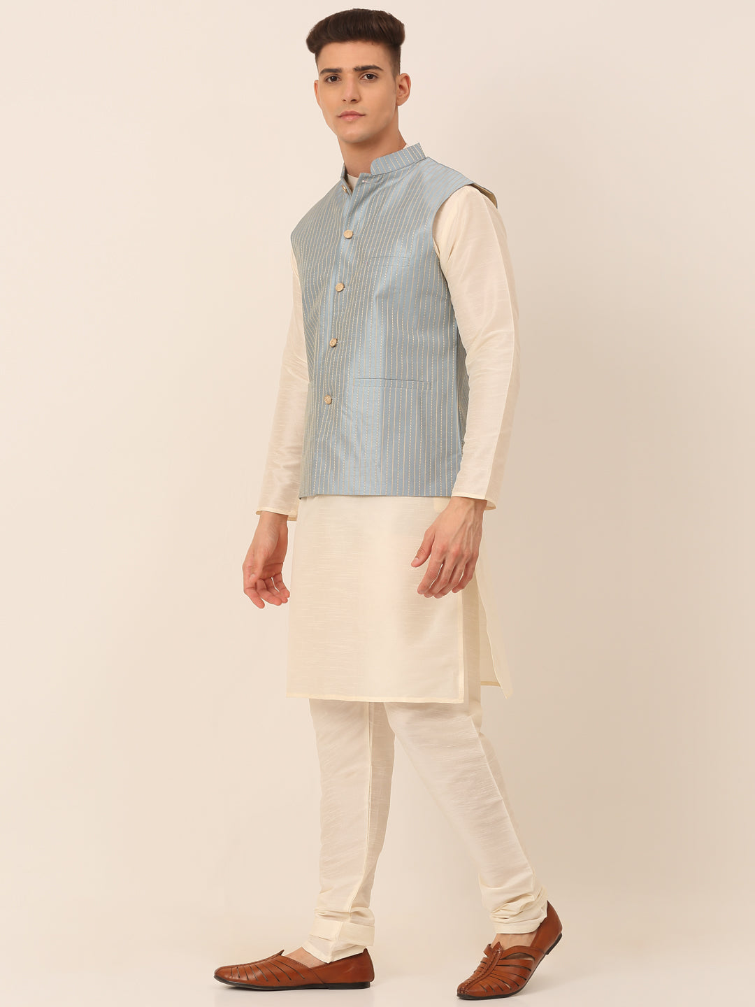 Jompers Men's Solid Kurta Pyjama With Striped Embroidered Nehru Jacket - Blue - Distacart