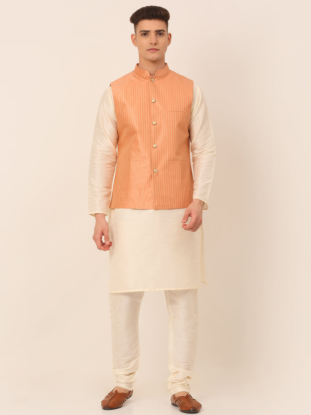 Jompers Men's Solid Kurta Pyjama With Striped Embroidered Nehru Jacket - Peach - Distacart