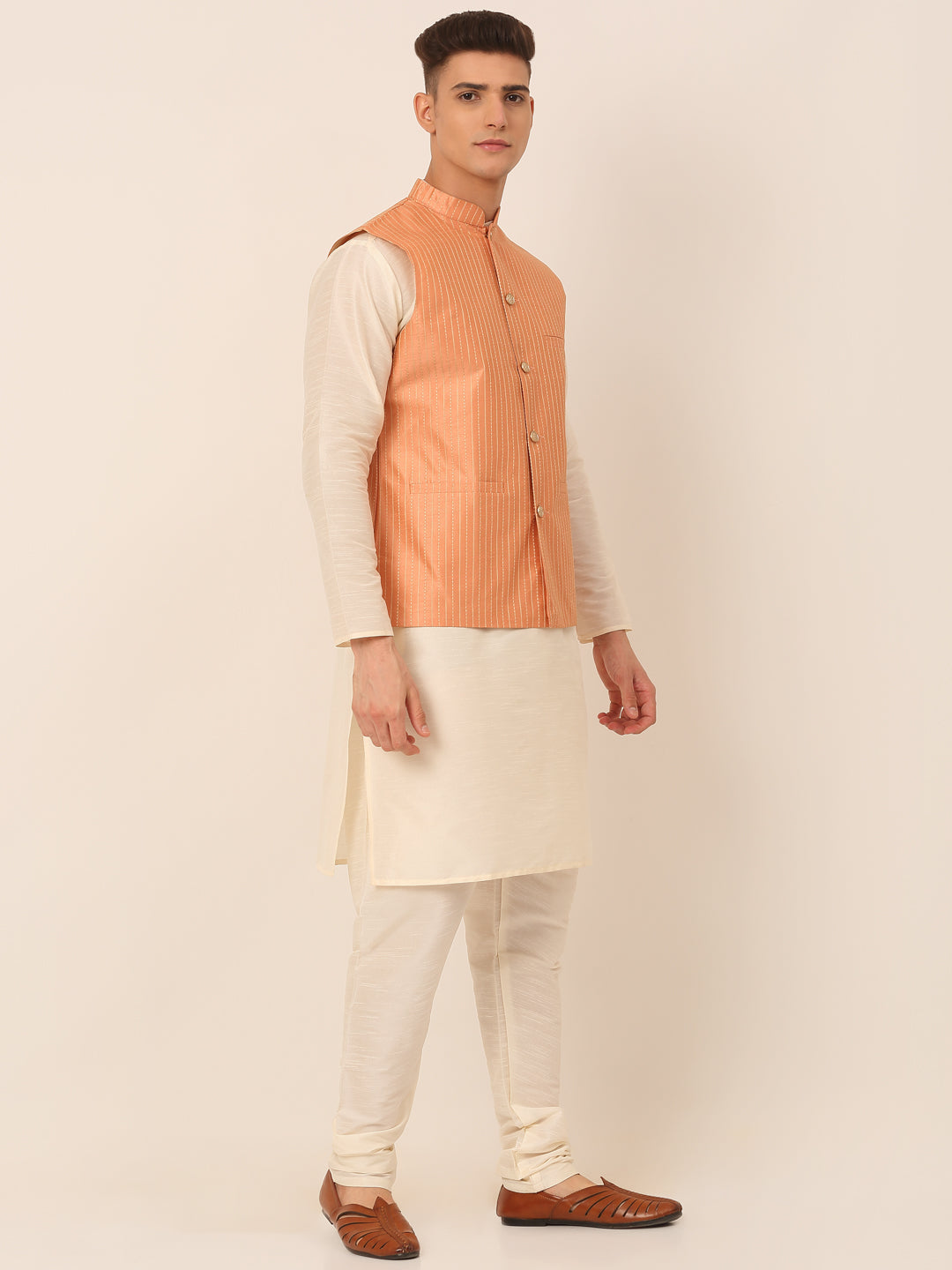 Jompers Men's Solid Kurta Pyjama With Striped Embroidered Nehru Jacket - Peach - Distacart