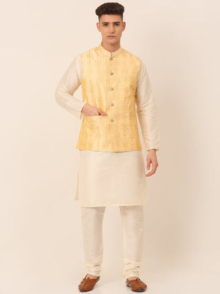 Jompers Men's Solid Dupion Silk Kurta Pyjama With Embroidered Nehru Jacket - Golden - Distacart