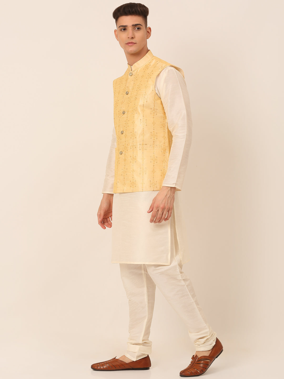 Jompers Men's Solid Dupion Silk Kurta Pyjama With Embroidered Nehru Jacket - Golden - Distacart