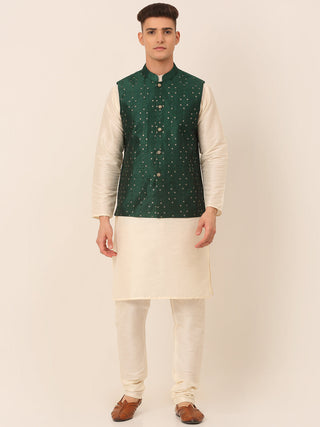Jompers Men's Solid Dupion Silk Kurta Pyjama With Embroidered Nehru Jacket - Green - Distacart