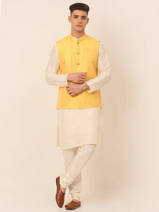 Jompers Men's Solid Dupion Silk Kurta Pyjama With Embroidered Nehru Jacket - Yellow - Distacart