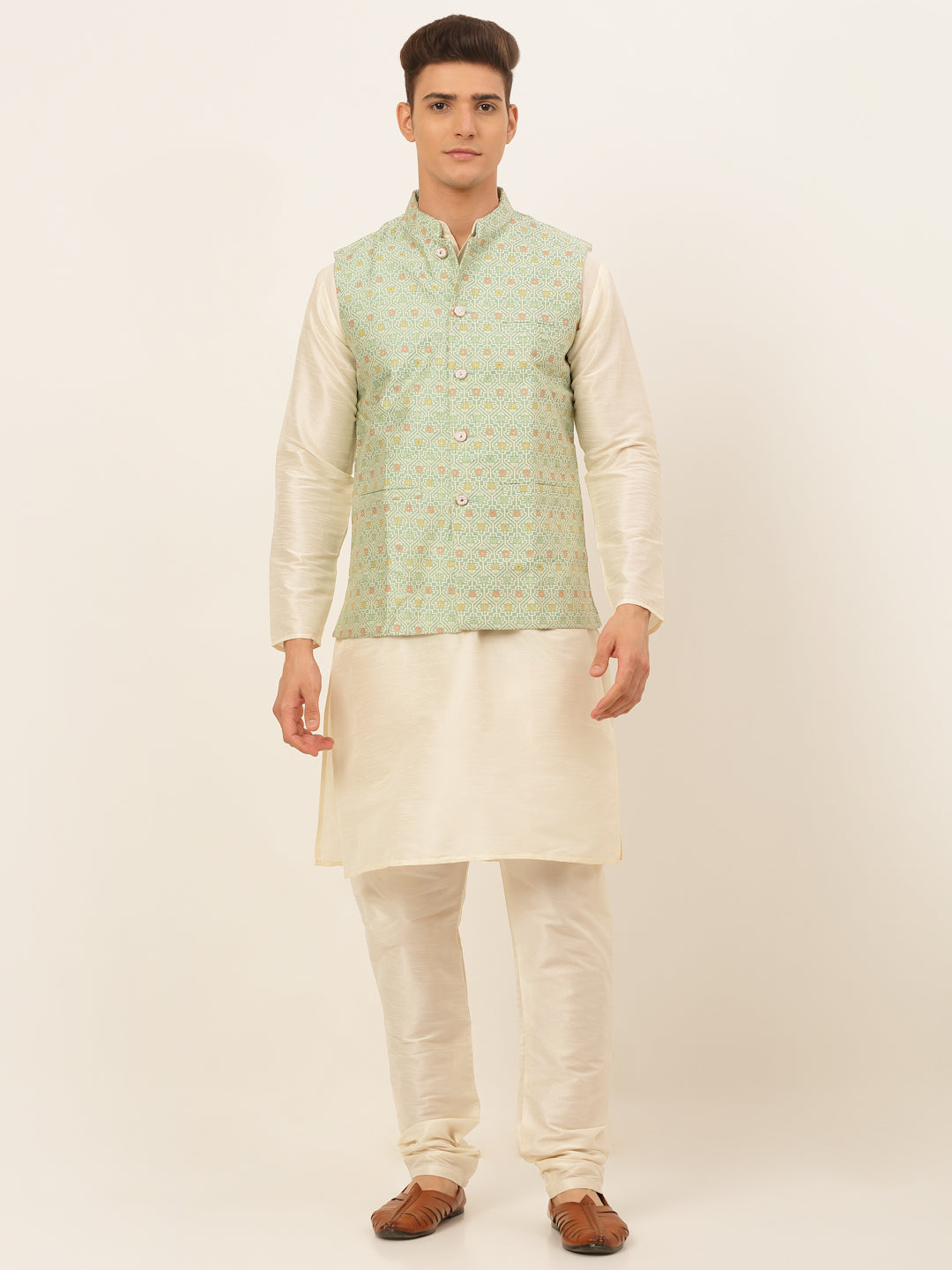 Jompers Men's Solid Kurta Pyjama With Nehru Jacket - Green - Distacart