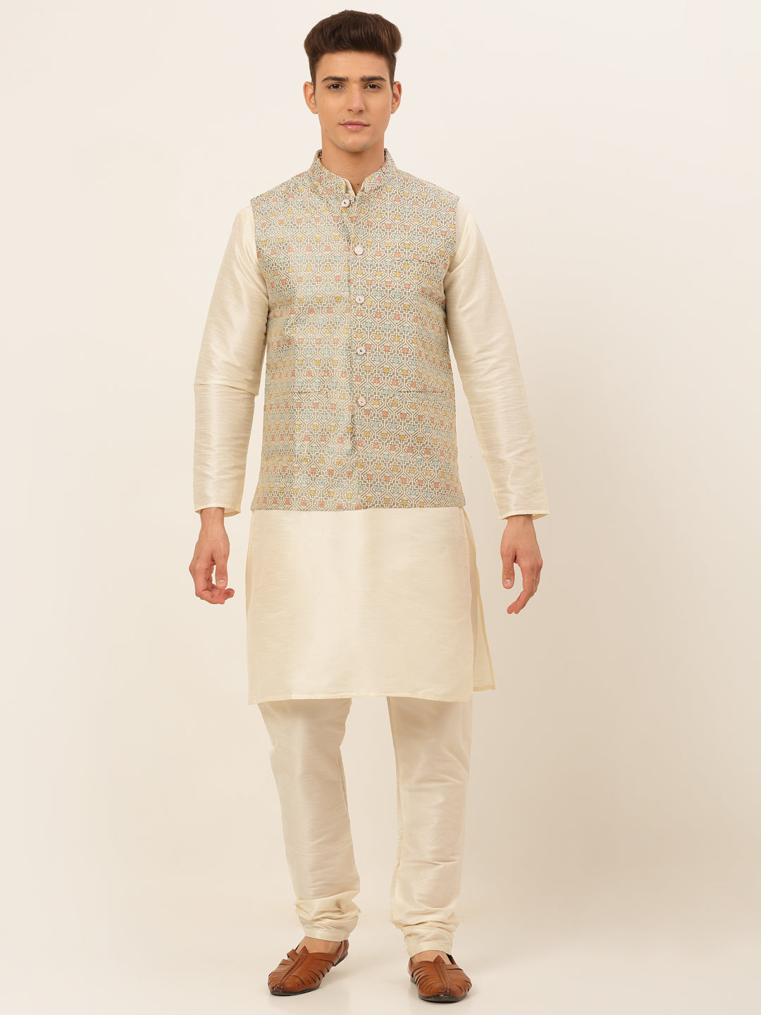 Jompers Men's Solid Kurta Pyjama With Nehru Jacket - Grey - Distacart