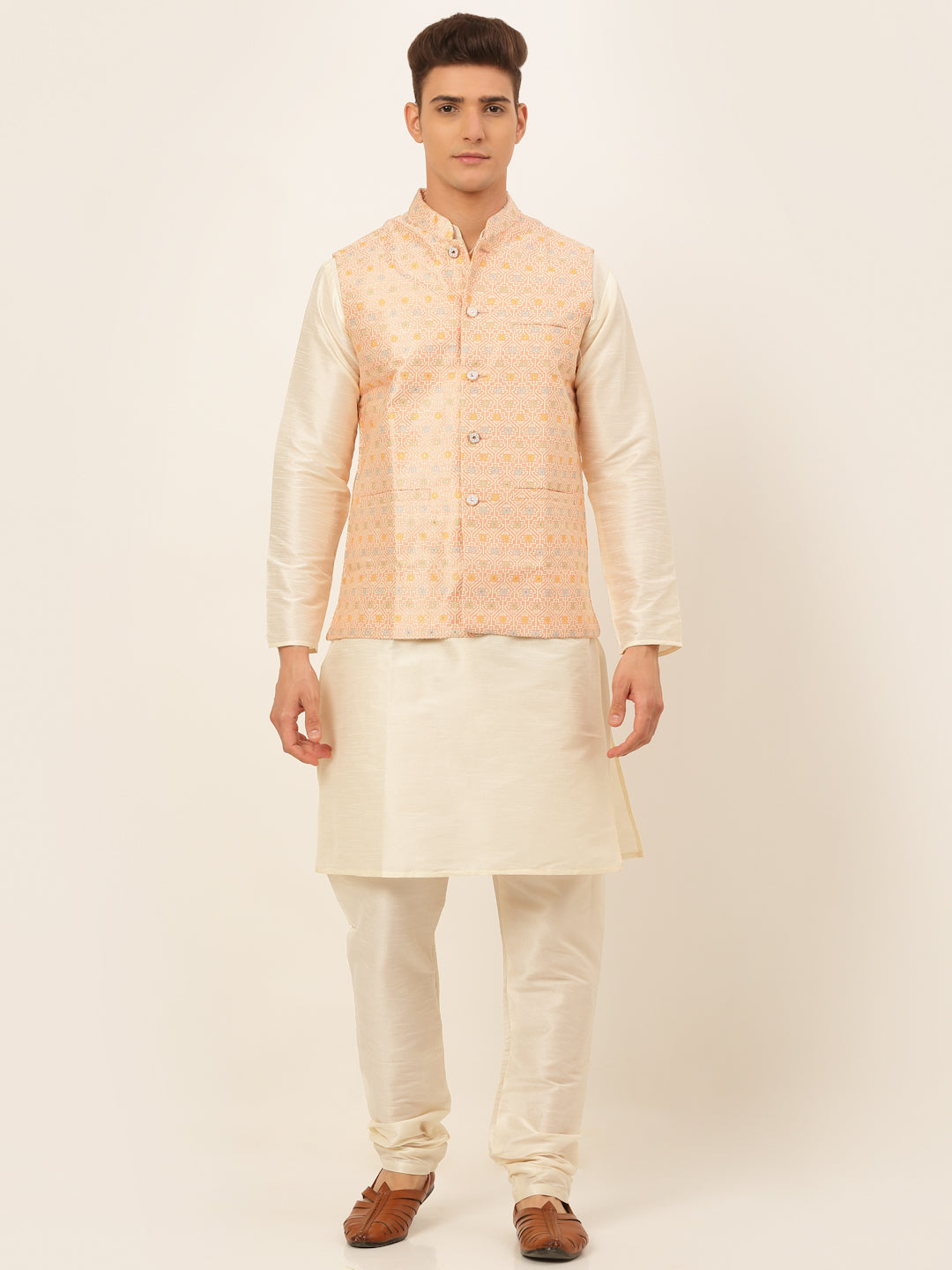 Jompers Men's Solid Kurta Pyjama With Nehru Jacket - Pink - Distacart