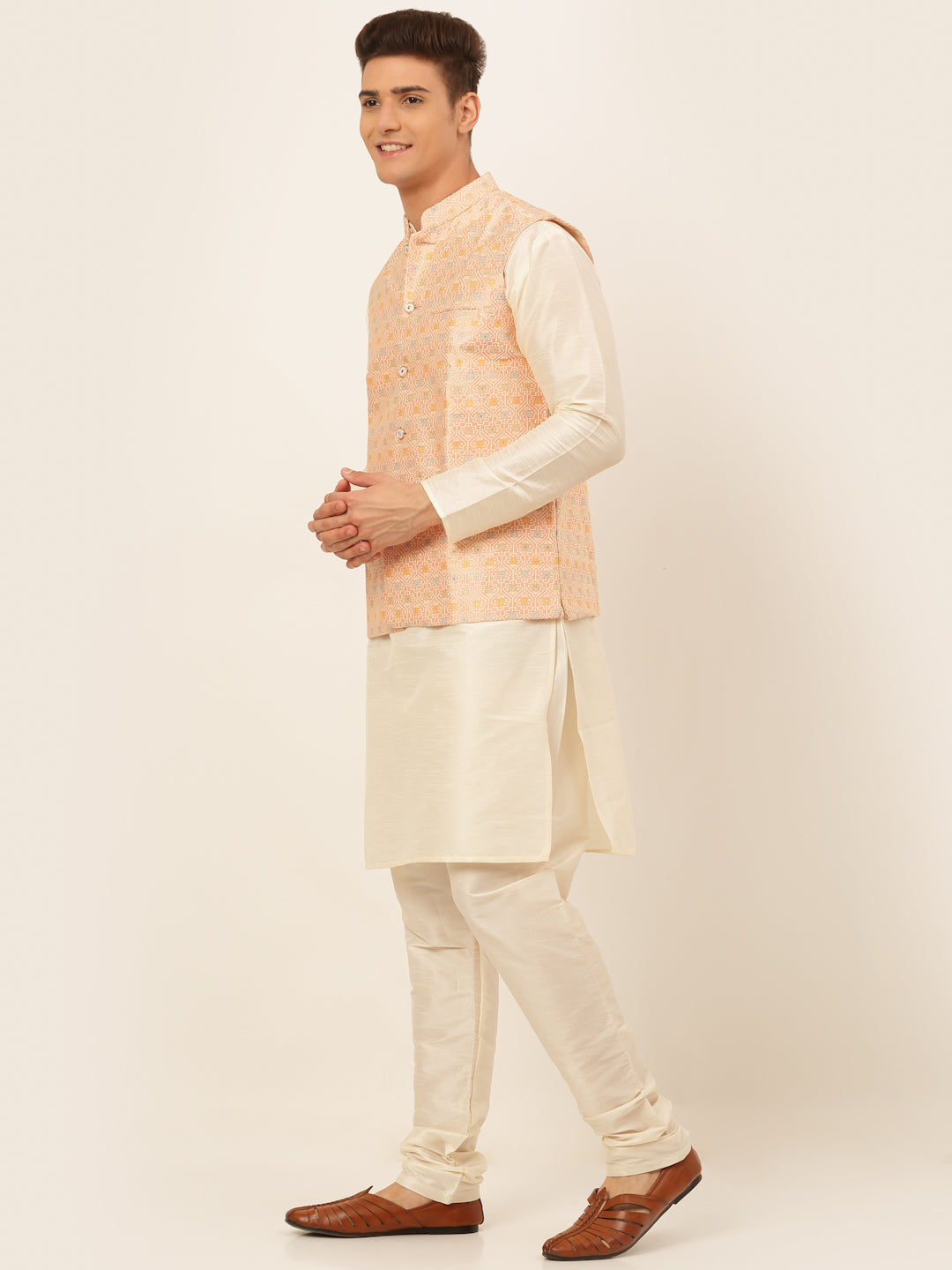 Jompers Men's Solid Kurta Pyjama With Nehru Jacket - Pink - Distacart