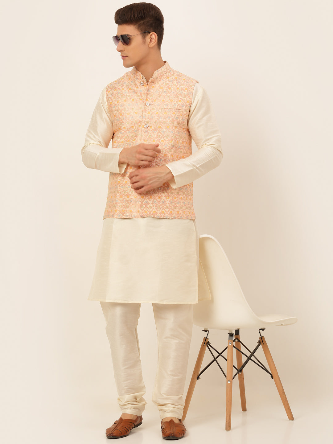 Jompers Men's Solid Kurta Pyjama With Nehru Jacket - Pink - Distacart