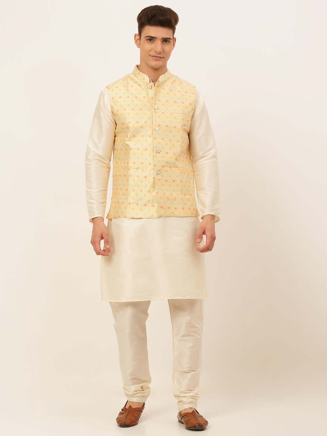 Jompers Men's Solid Kurta Pyjama With Nehru Jacket - Yellow - Distacart
