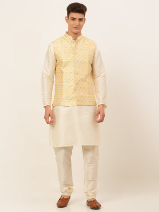 Jompers Men's Solid Kurta Pyjama With Nehru Jacket - Yellow - Distacart