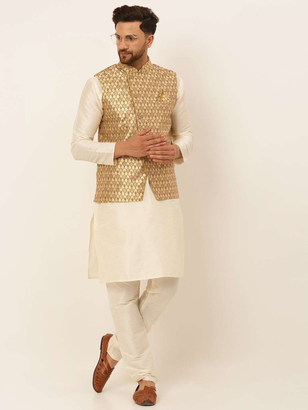 Jompers Men's Solid Kurta Pyjama With Nehru Jacket - Golden - Distacart