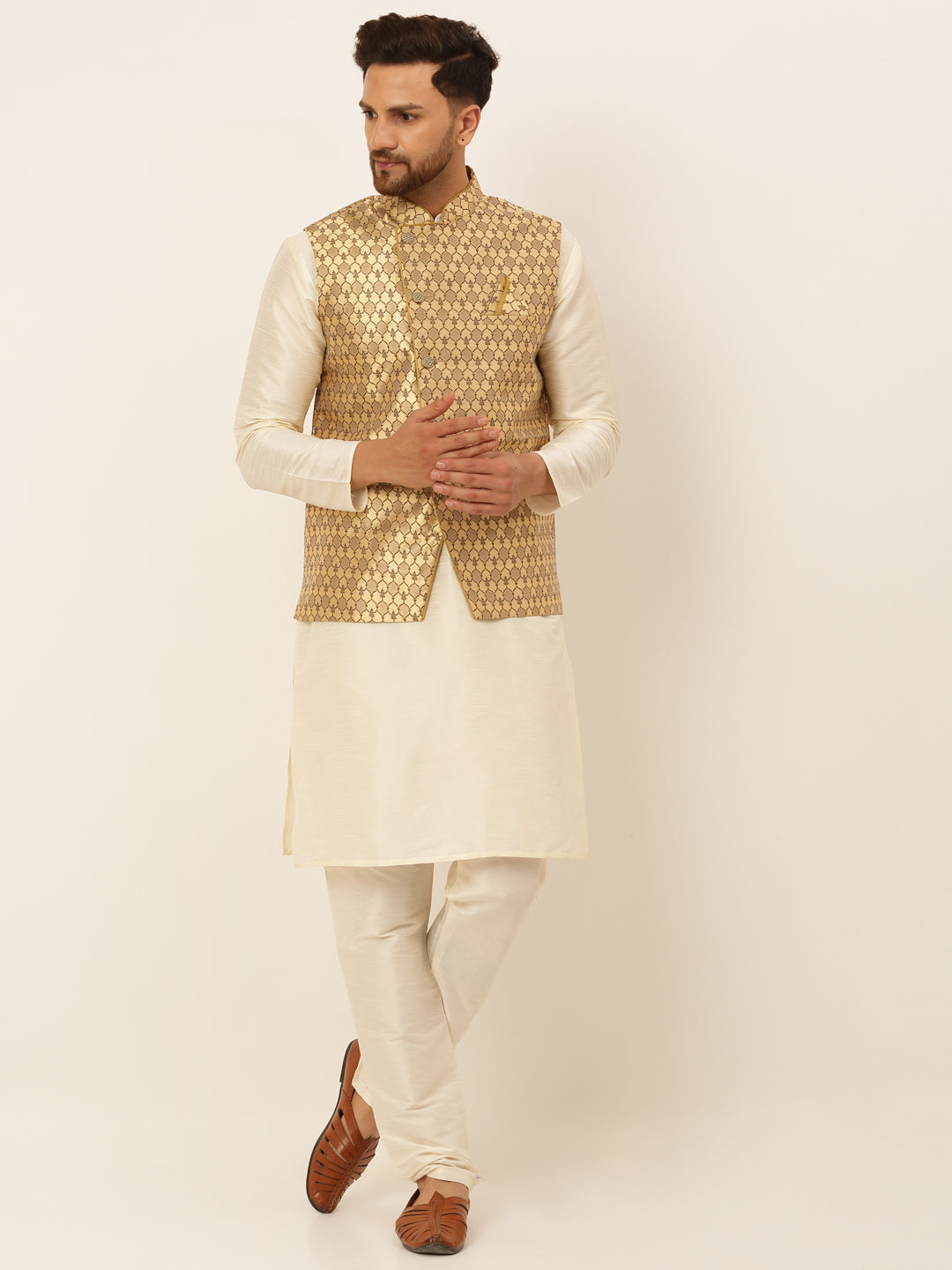 Jompers Men's Solid Kurta Pyjama With Nehru Jacket - Golden - Distacart