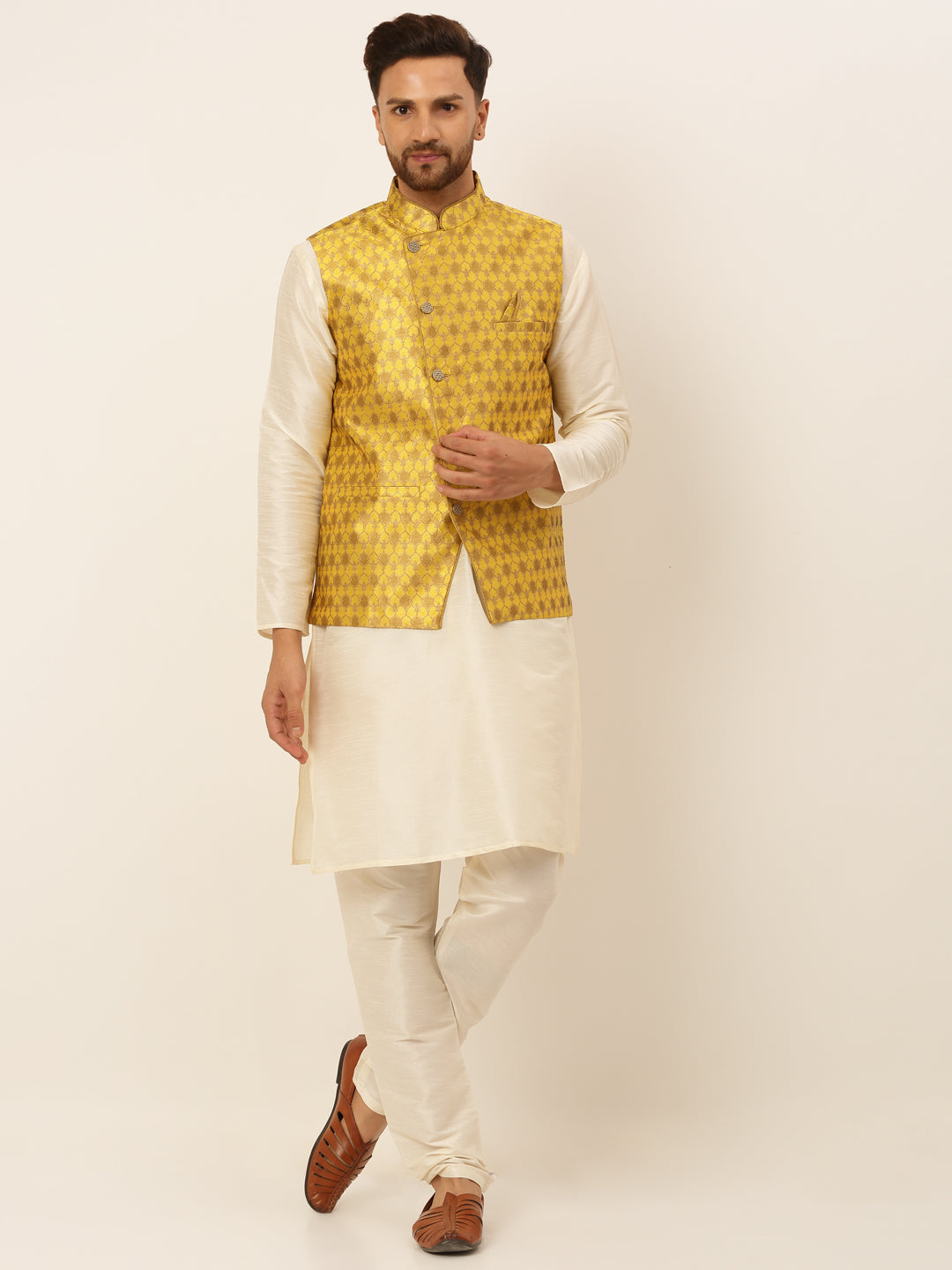 Jompers Men's Solid Kurta Pyjama With Nehru Jacket - Mustard - Distacart