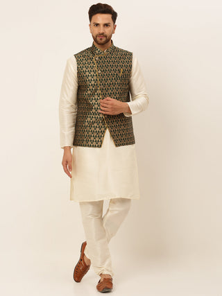 Jompers Men's Solid Kurta Pyjama With Nehru Jacket - Olive - Distacart