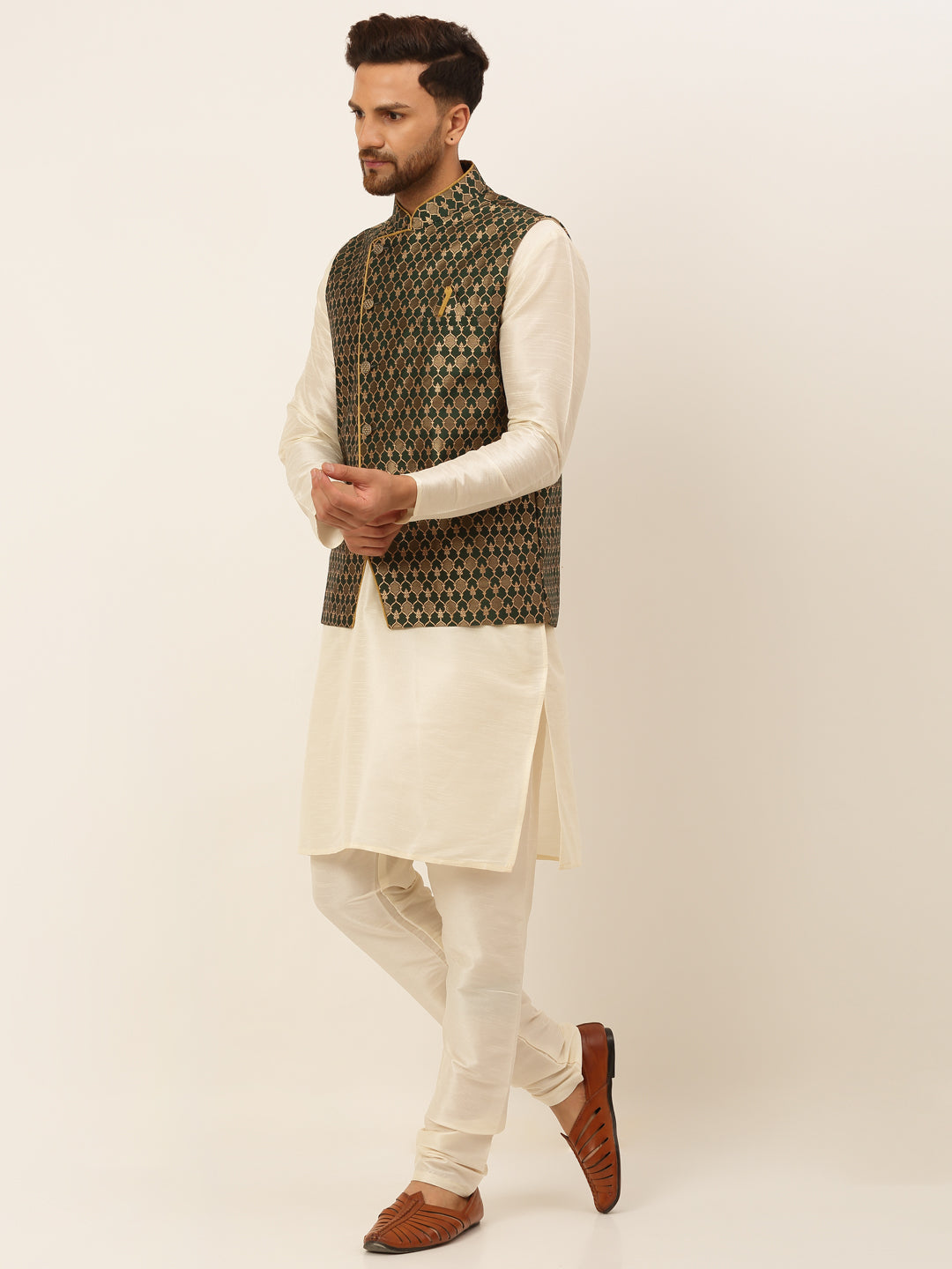 Jompers Men's Solid Kurta Pyjama With Nehru Jacket - Olive - Distacart