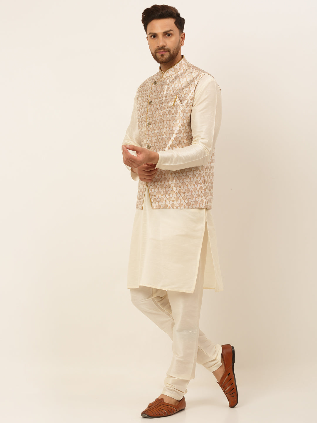 Jompers Men's Solid Kurta Pyjama With Nehru Jacket - Silver - Distacart