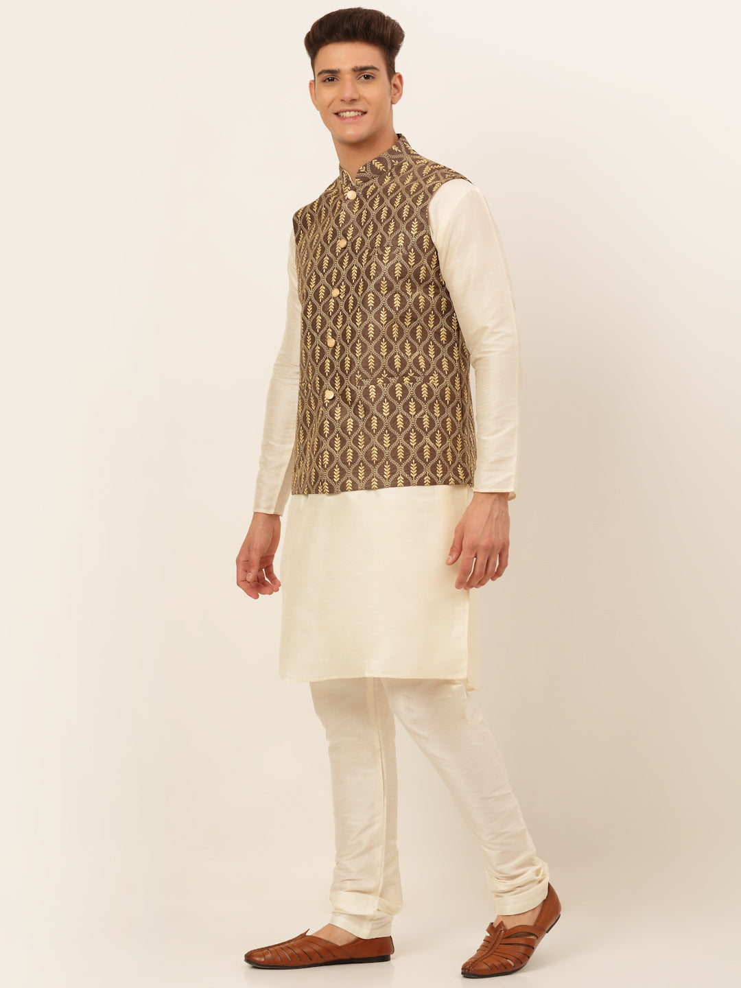 Jompers Men's Solid Kurta Pyjama With Nehru Jacket - Brown - Distacart