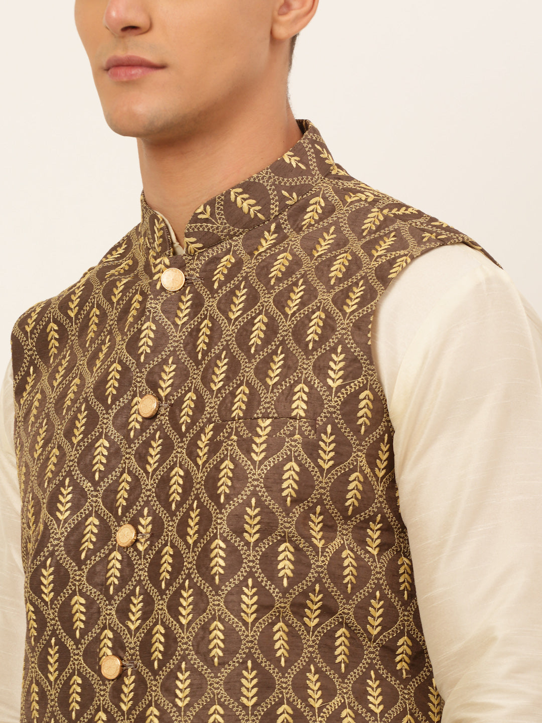 Jompers Men's Solid Kurta Pyjama With Nehru Jacket - Brown - Distacart