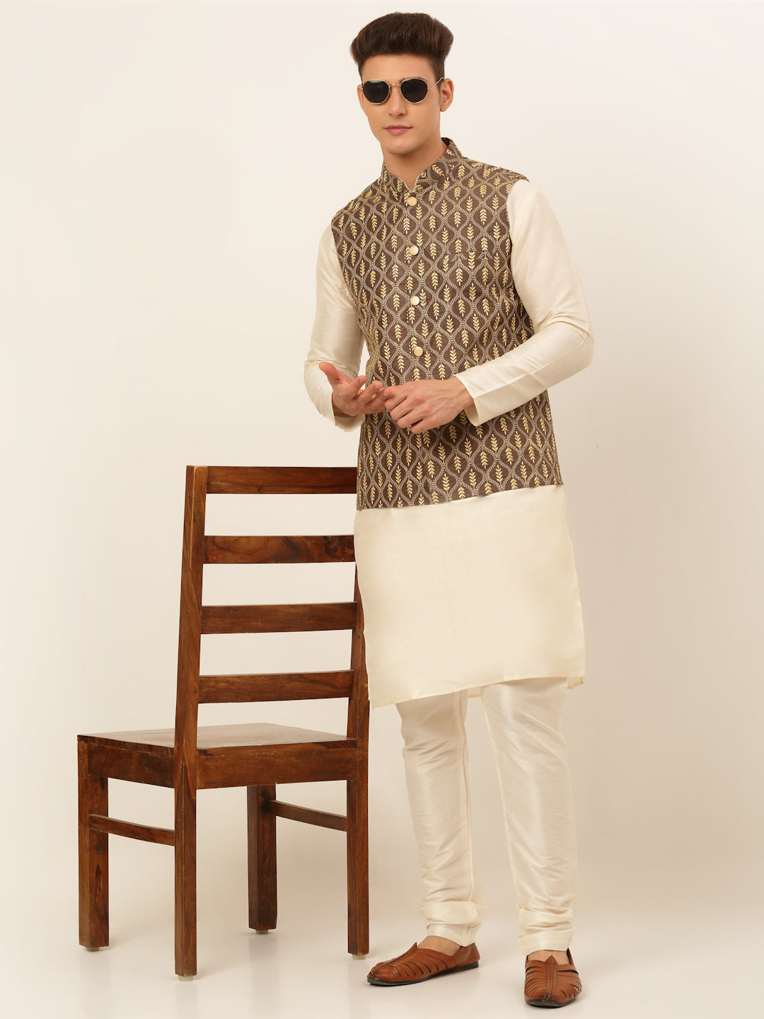 Jompers Men's Solid Kurta Pyjama With Nehru Jacket - Brown - Distacart
