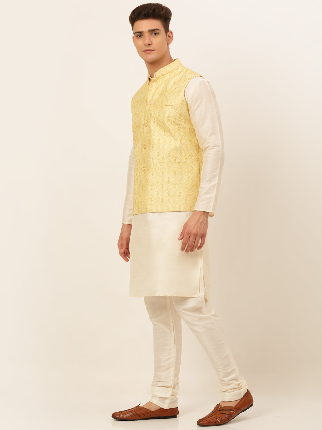 Jompers Men's Solid Kurta Pyjama With Nehru Jacket - Golden - Distacart