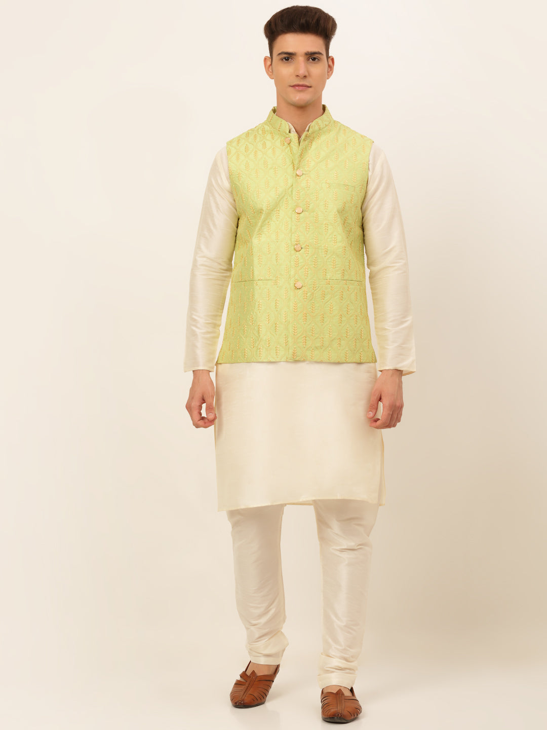 Jompers Men's Solid Kurta Pyjama With Nehru Jacket - Green - Distacart