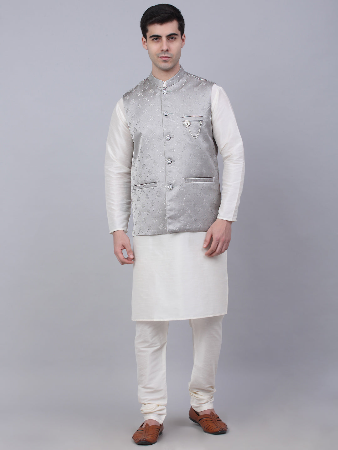 Jompers Men's Solid Kurta Pyjama With Woven Design Nehru Jacket - Grey - Distacart
