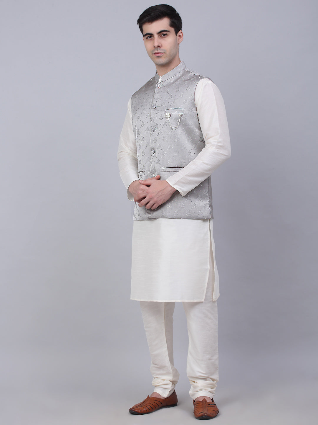 Jompers Men's Solid Kurta Pyjama With Woven Design Nehru Jacket - Grey - Distacart