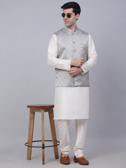 Jompers Men's Solid Kurta Pyjama With Woven Design Nehru Jacket - Grey - Distacart