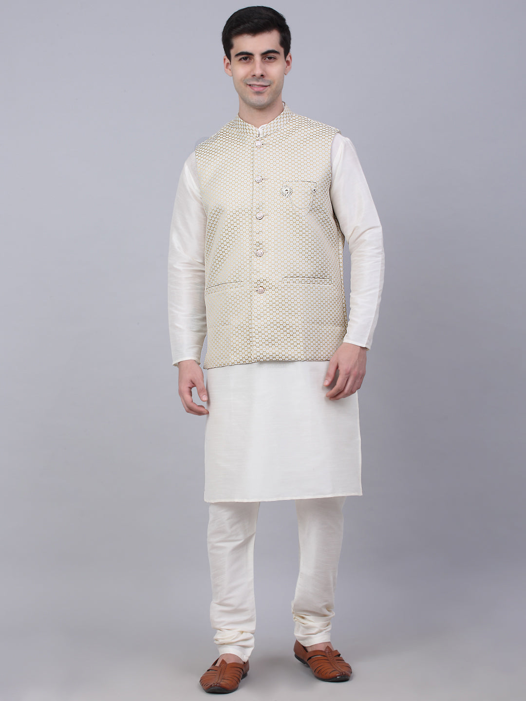 Jompers Men's Solid Kurta Pyjama With Woven Design Nehru Jacket - Beige - Distacart