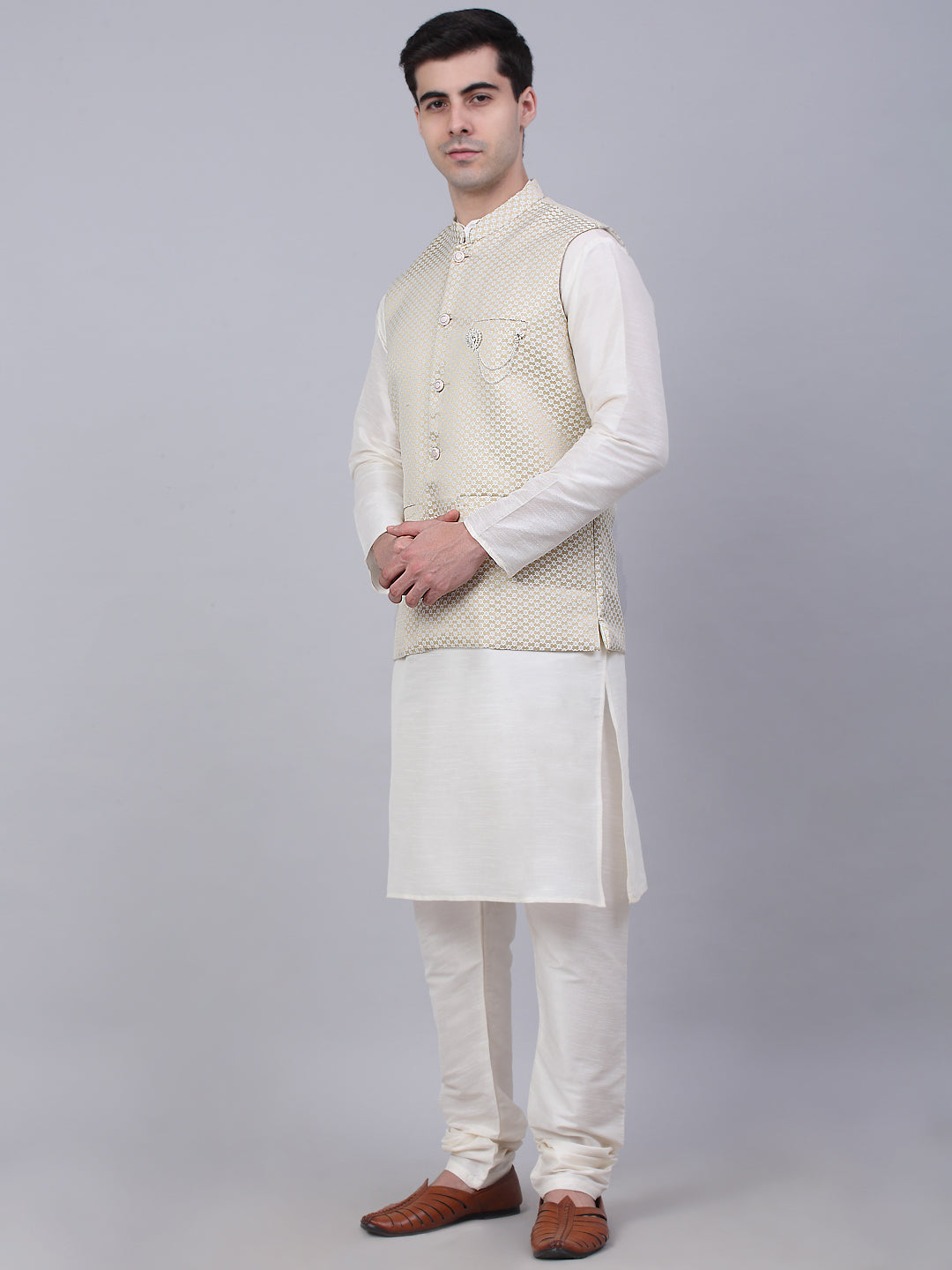 Jompers Men's Solid Kurta Pyjama With Woven Design Nehru Jacket - Beige - Distacart