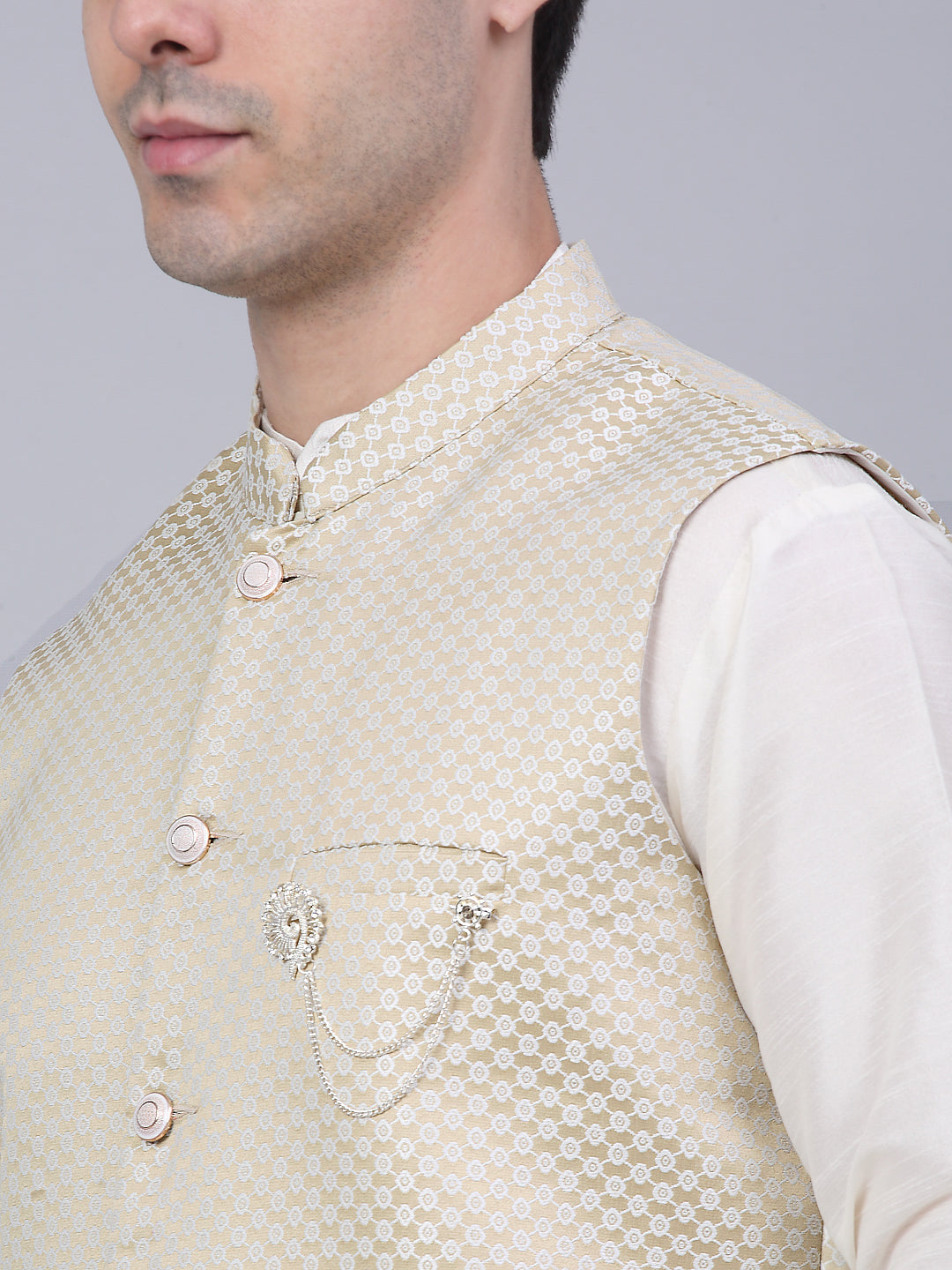 Jompers Men's Solid Kurta Pyjama With Woven Design Nehru Jacket - Beige - Distacart